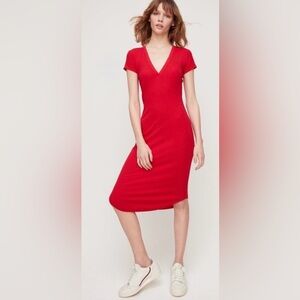Wilfred Corin Midi Dress Red Stretch Soft Ribbed Deep V Neck Size Sm